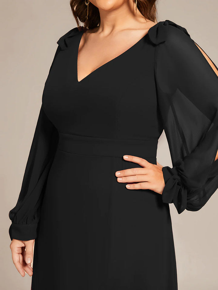 Plus Size Long Lantern Sleeves A Line V Neck Evening Dress - CALABRO®