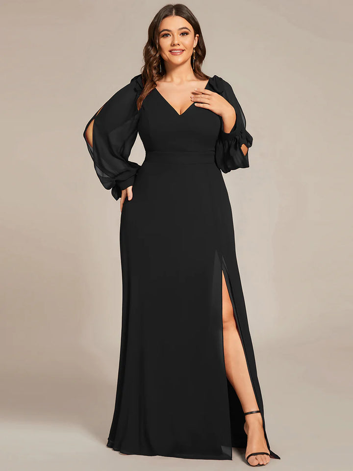 Plus Size Long Lantern Sleeves A Line V Neck Evening Dress - CALABRO®