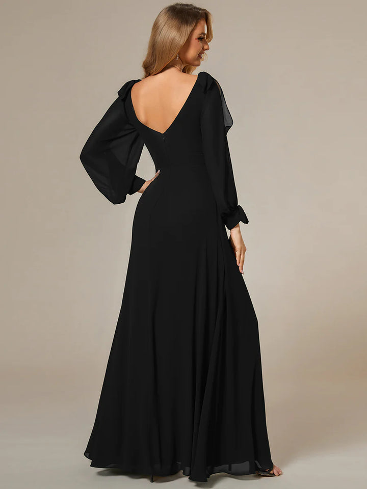 Long Lantern Sleeves A Line V Neck Bridesmaid Dresses - CALABRO®