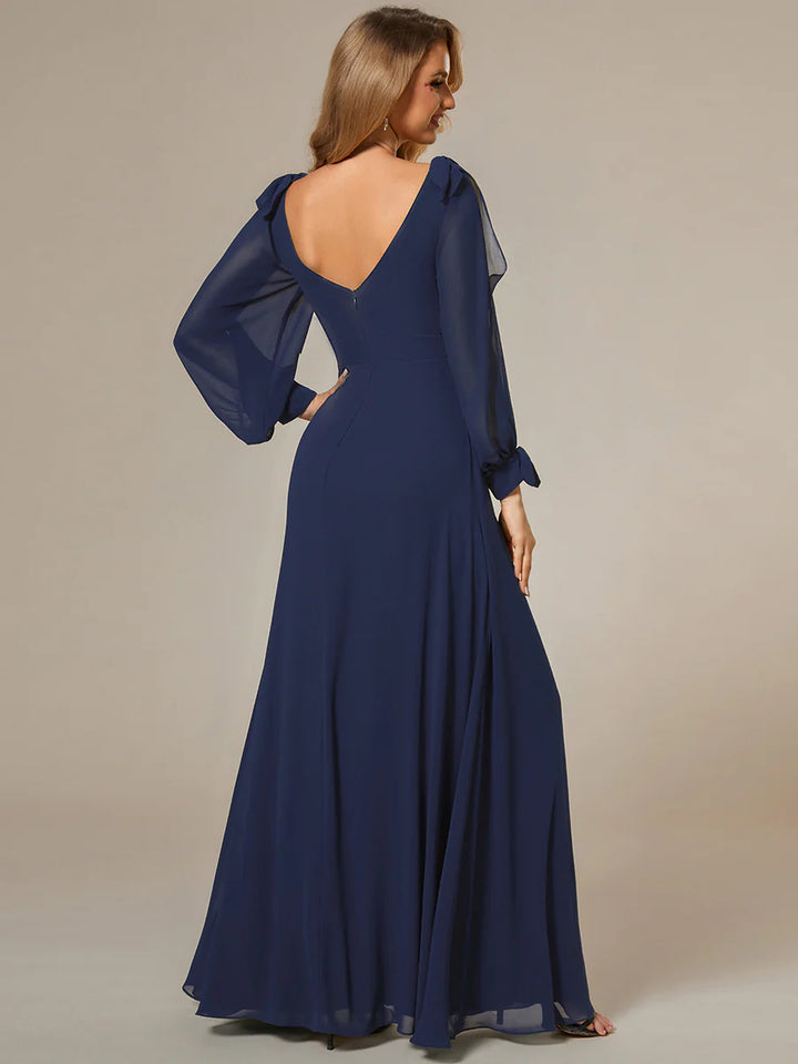 Long Lantern Sleeves A Line V Neck Bridesmaid Dresses - CALABRO®