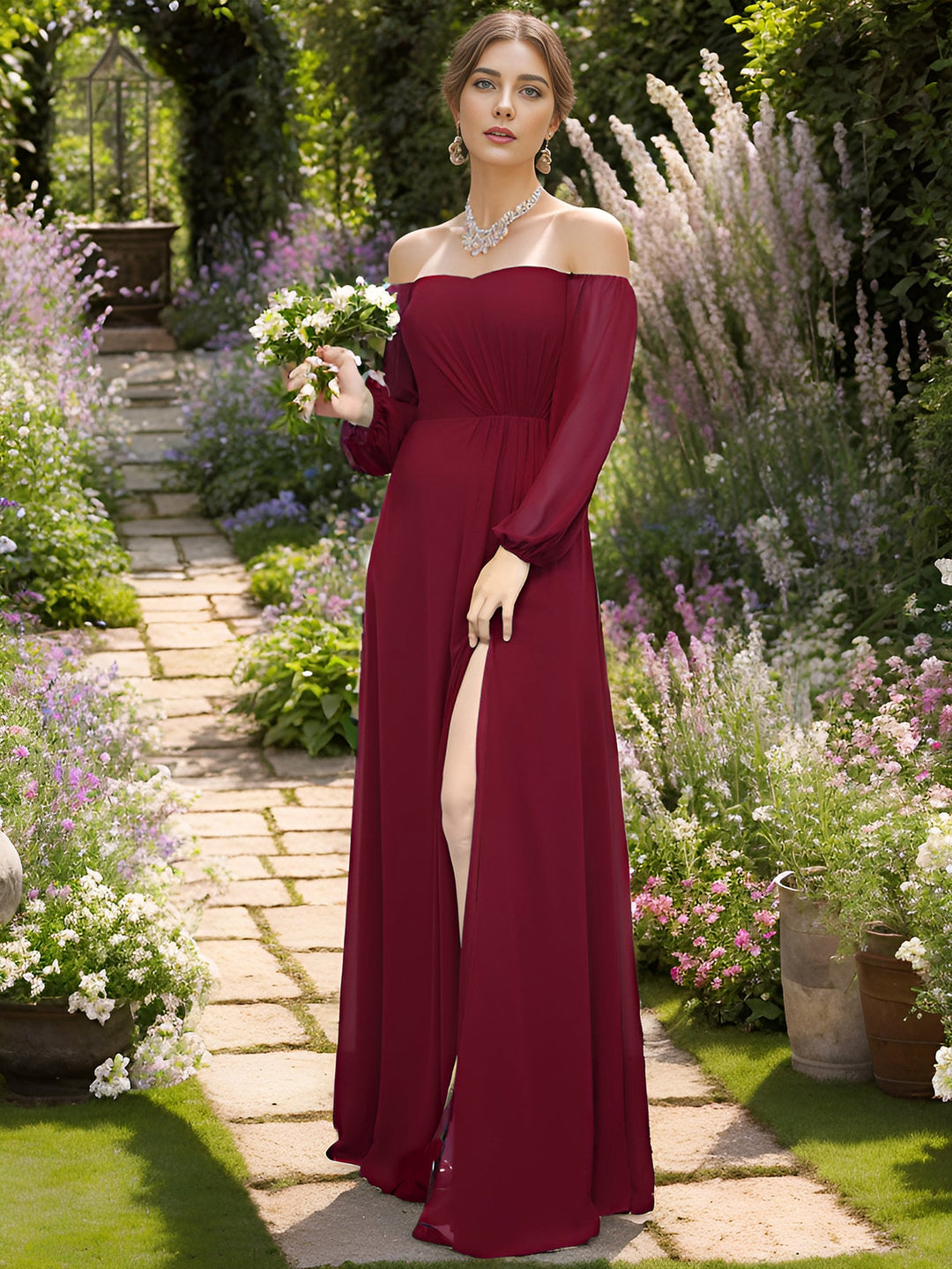 Chiffon Maxi Long One Shoulder Evening Dresses With Lantern Sleeves - CALABRO®