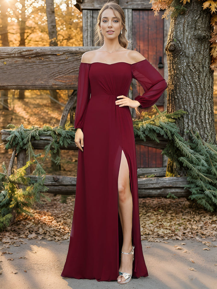 Chiffon Maxi Long One Shoulder Evening Dresses With Lantern Sleeves - CALABRO®