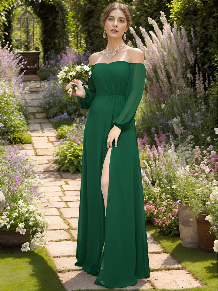 Chiffon Maxi Long One Shoulder Evening Dresses With Lantern Sleeves - CALABRO®