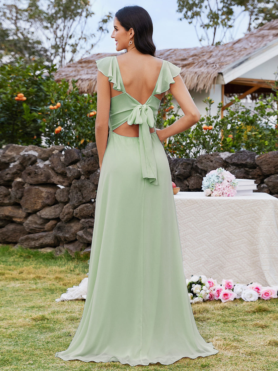 Romantic U Neck Ruffles Sleeve A-Line Side Split Bridesmaids Dress Lotus Leaf Back bow tie Chiffon Dresses - CALABRO®