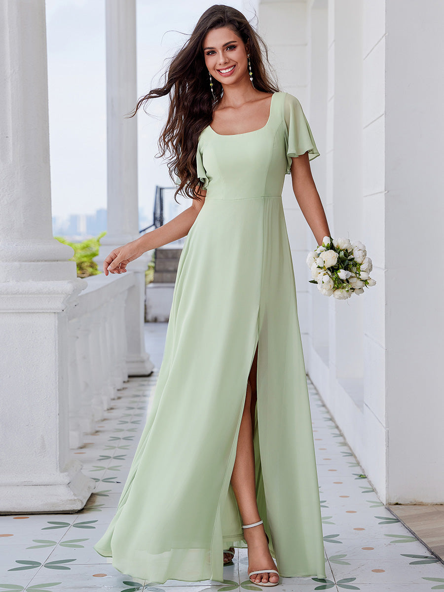 Graceful Short Sleeves Lotus Leaf Backless Bridesmaids Dress Frenulum knotting A-Line Chiffon Dresses - CALABRO®