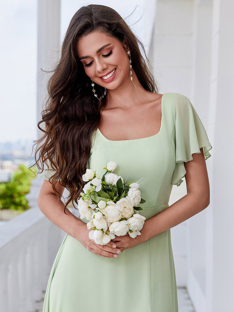 Graceful Short Sleeves Lotus Leaf Backless Bridesmaids Dress Frenulum knotting A-Line Chiffon Dresses - CALABRO®