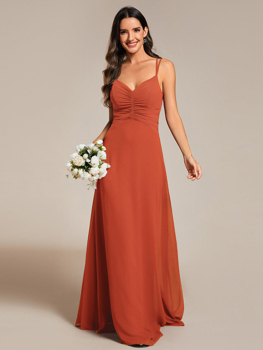 Elegant V Neck Spaghetti Straps Bridesmaids Dress Ruched Empire Waist Floor Length Chiffon Dresses - CALABRO®