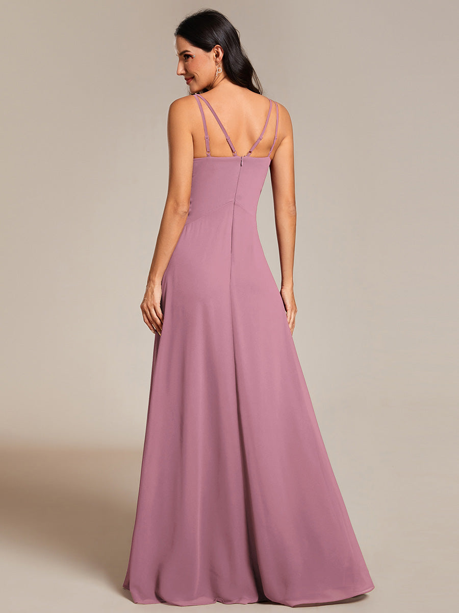 Elegant V Neck Spaghetti Straps Bridesmaids Dress Ruched Empire Waist Floor Length Chiffon Dresses - CALABRO®