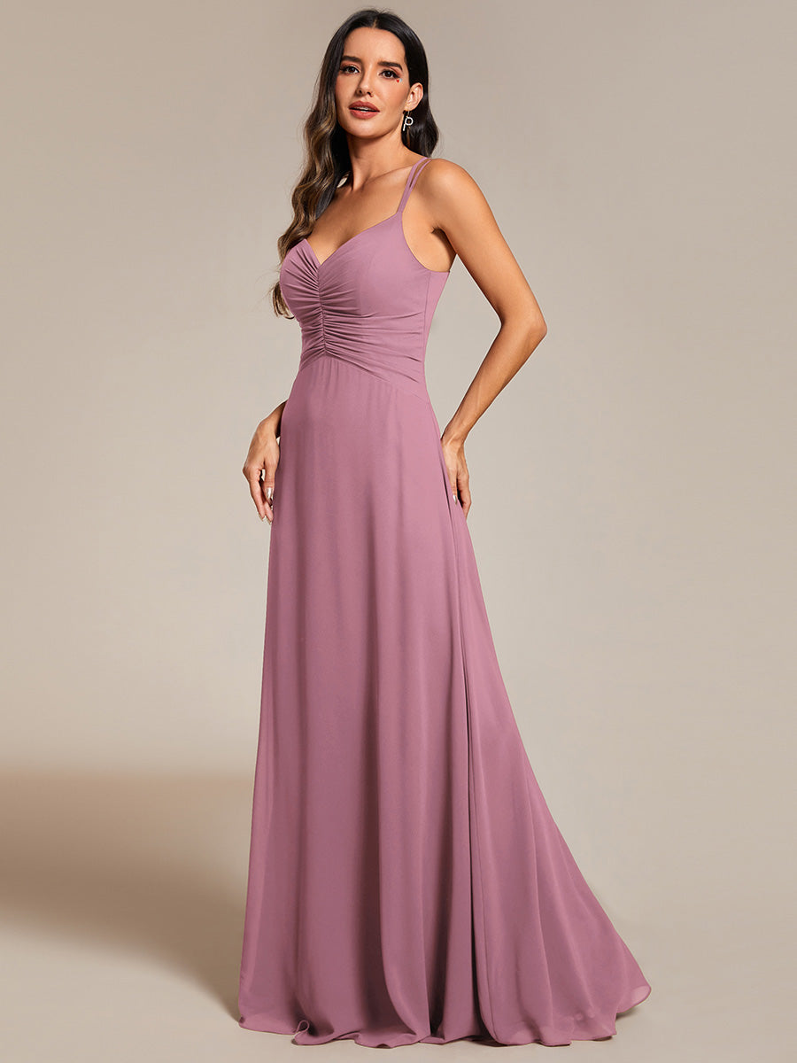 Elegant V Neck Spaghetti Straps Bridesmaids Dress Ruched Empire Waist Floor Length Chiffon Dresses - CALABRO®