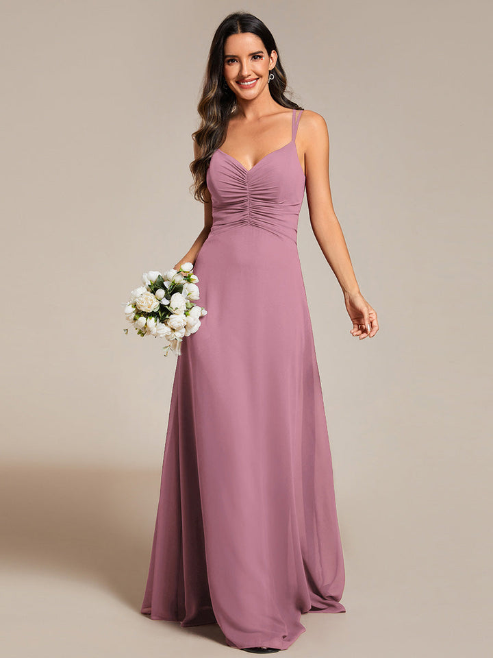 Elegant V Neck Spaghetti Straps Bridesmaids Dress Ruched Empire Waist Floor Length Chiffon Dresses - CALABRO®