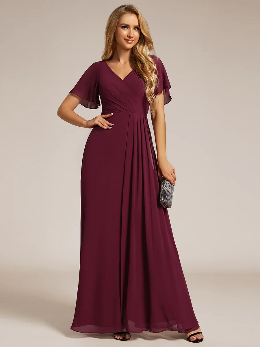 Elegant Lotus Leaf Ruffles Sleeve asymmetrical Ruched Empire Waist Chiffon Evening Dresses - CALABRO®