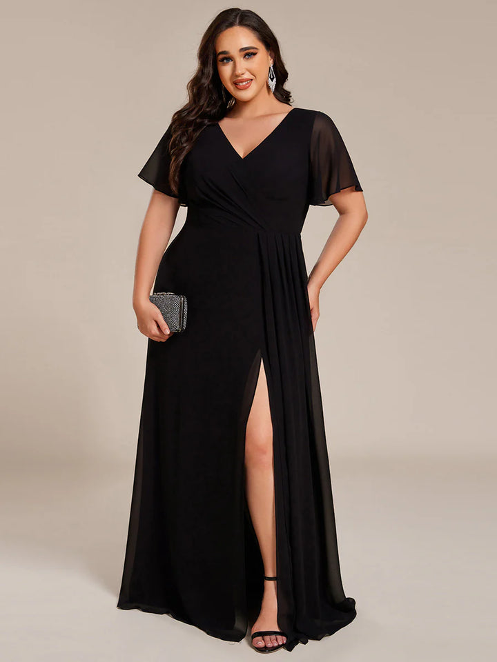 Plus Size Lotus Leaf Ruffles Sleeve Asymmetrical Ruched Empire Waist Chiffon Evening Dresses