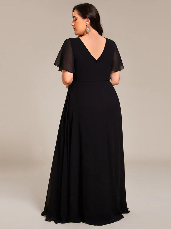 Plus Size Lotus Leaf Ruffles Sleeve Asymmetrical Ruched Empire Waist Chiffon Evening Dresses