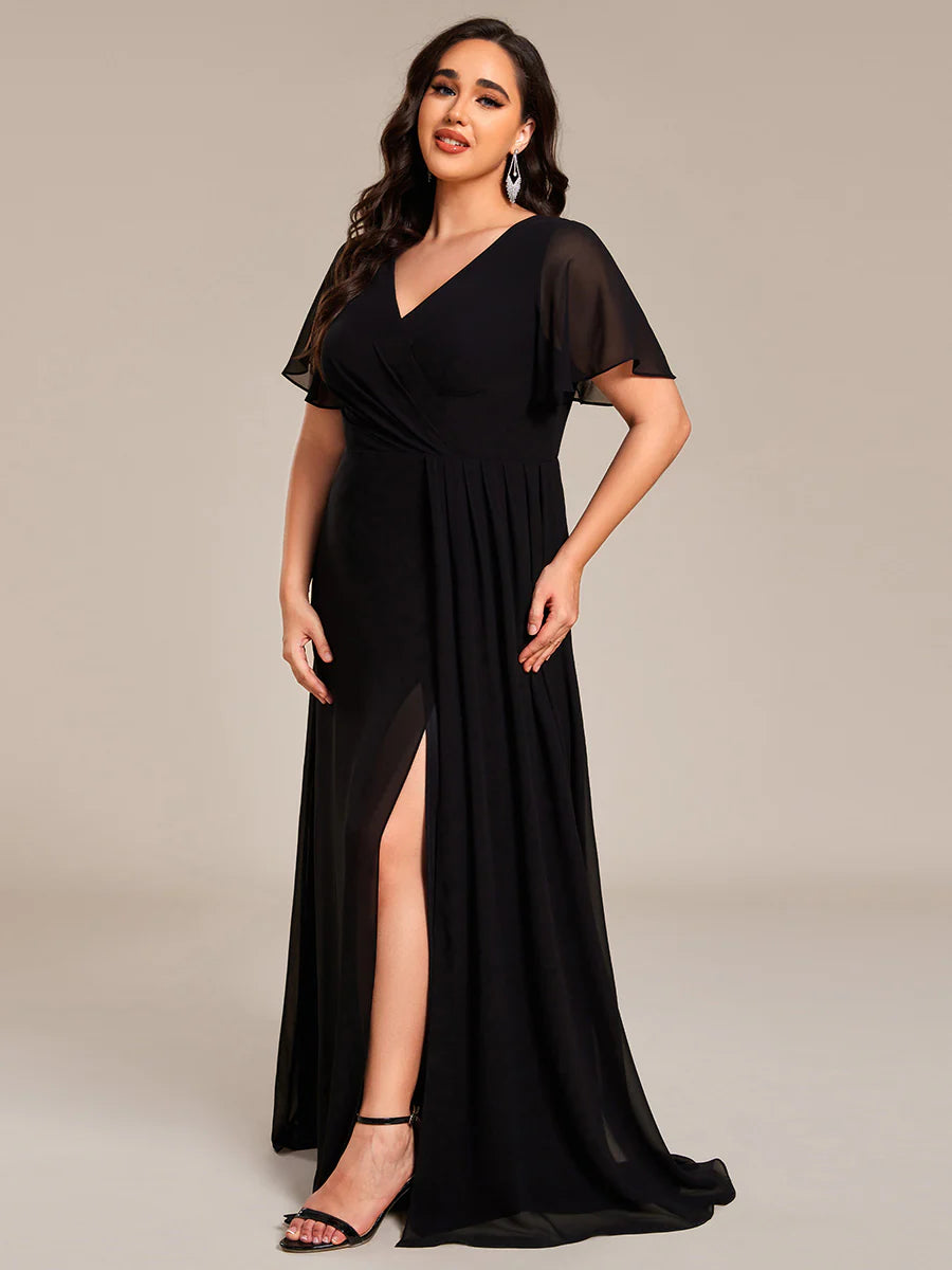 Plus Size Lotus Leaf Ruffles Sleeve Asymmetrical Ruched Empire Waist Chiffon Evening Dresses