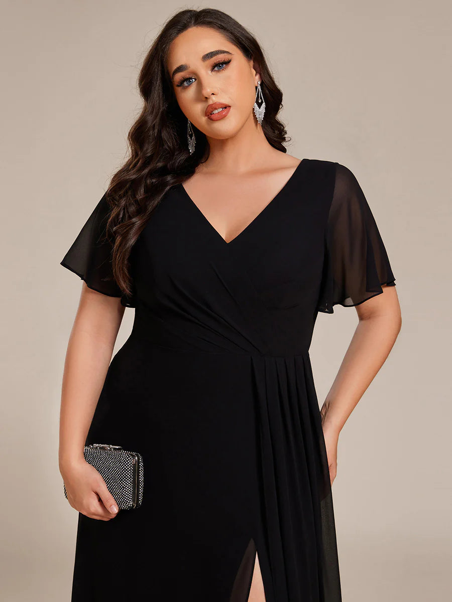 Plus Size Lotus Leaf Ruffles Sleeve Asymmetrical Ruched Empire Waist Chiffon Evening Dresses