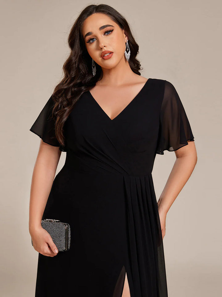 Plus Size Lotus Leaf Ruffles Sleeve Asymmetrical Ruched Empire Waist Chiffon Evening Dresses