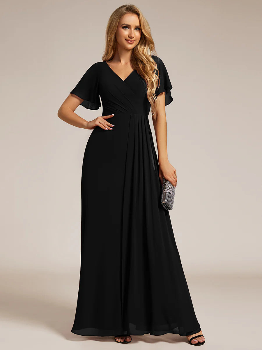 Elegant Lotus Leaf Ruffles Sleeve asymmetrical Ruched Empire Waist Chiffon Evening Dresses - CALABRO®