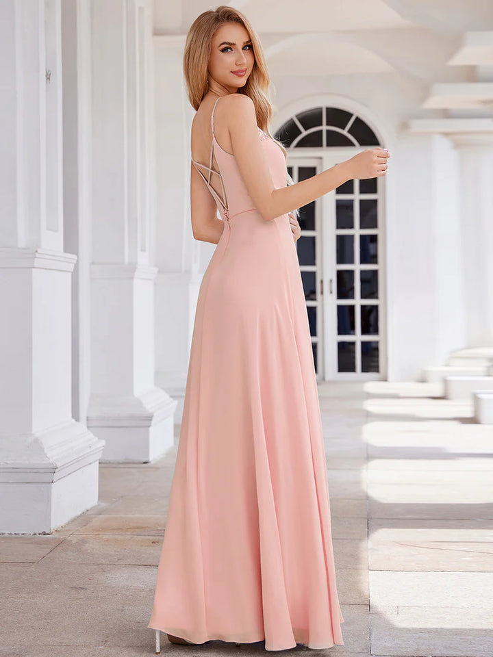 Elegant Bridesmaid Dresses Sleeveless A-Line Cross Back Chiffon Dresses with Embroidery Decoration - CALABRO®