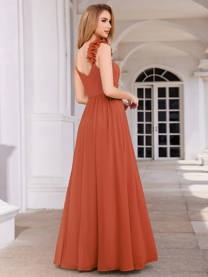 Elegant V-Neck Floral Strap Bodycon Chiffon Bridesmaid Dress - CALABRO®