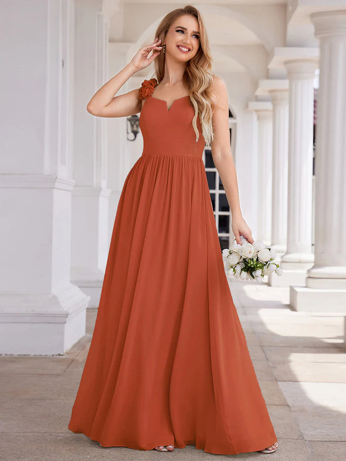 Elegant V-Neck Floral Strap Bodycon Chiffon Bridesmaid Dress - CALABRO®