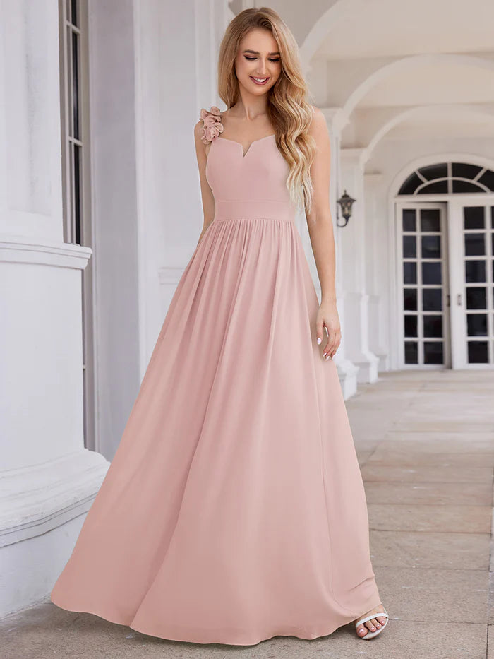 Elegant V-Neck Floral Strap Bodycon Chiffon Bridesmaid Dress - CALABRO®