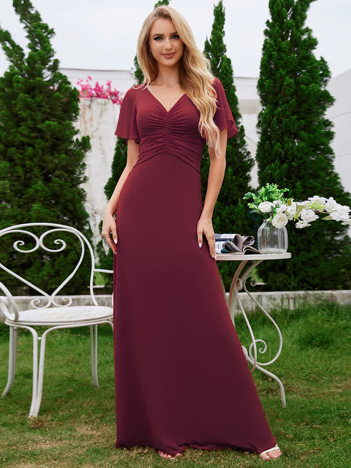 Chiffon Pleated Bridesmaid Dress with Ruffle Short Sleeves - CALABRO®