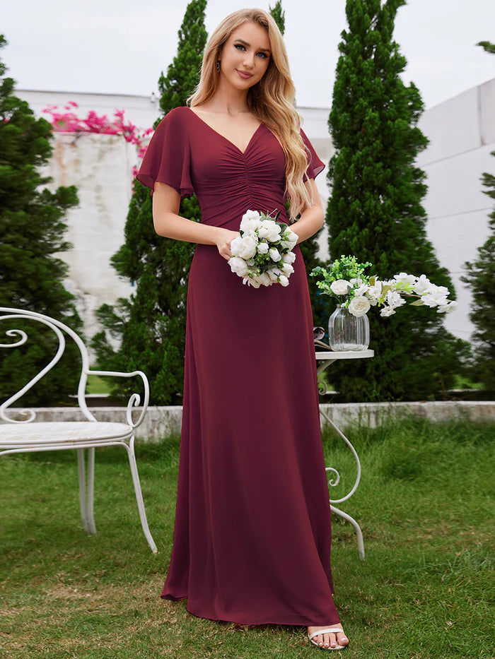 Chiffon Pleated Bridesmaid Dress with Ruffle Short Sleeves - CALABRO®