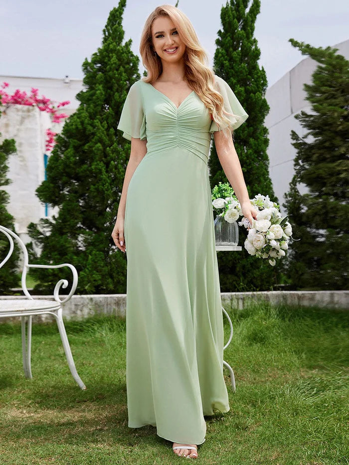 Chiffon Pleated Bridesmaid Dress with Ruffle Short Sleeves - CALABRO®