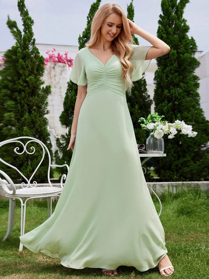 Chiffon Pleated Bridesmaid Dress with Ruffle Short Sleeves - CALABRO®