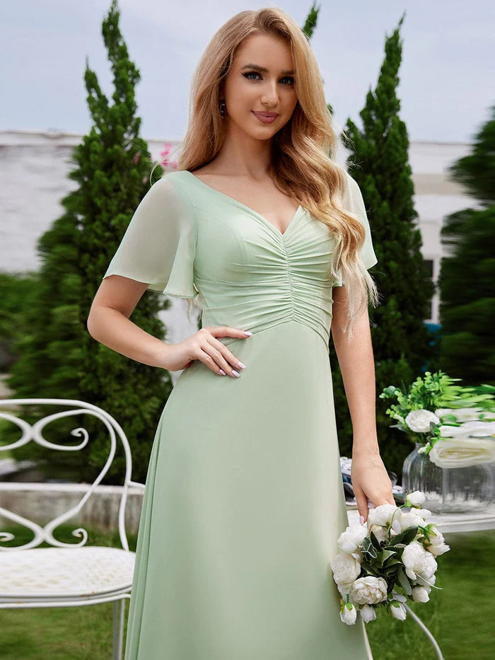 Chiffon Pleated Bridesmaid Dress with Ruffle Short Sleeves - CALABRO®