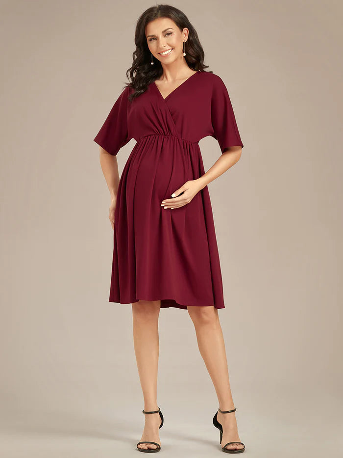 V Neck Short Pleated Maternity Dresses - CALABRO®