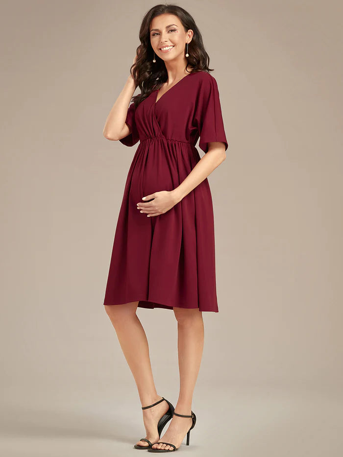 V Neck Short Pleated Maternity Dresses - CALABRO®