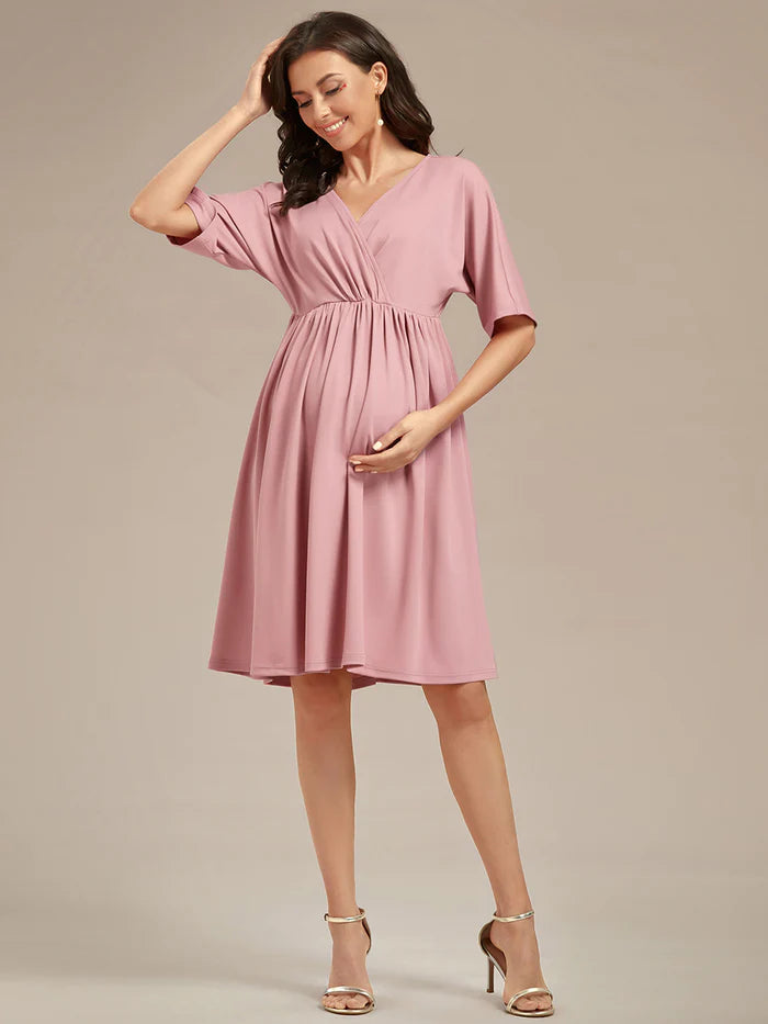 V Neck Short Pleated Maternity Dresses - CALABRO®