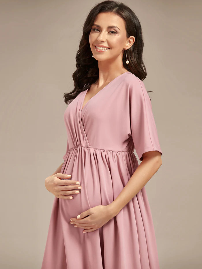 V Neck Short Pleated Maternity Dresses - CALABRO®