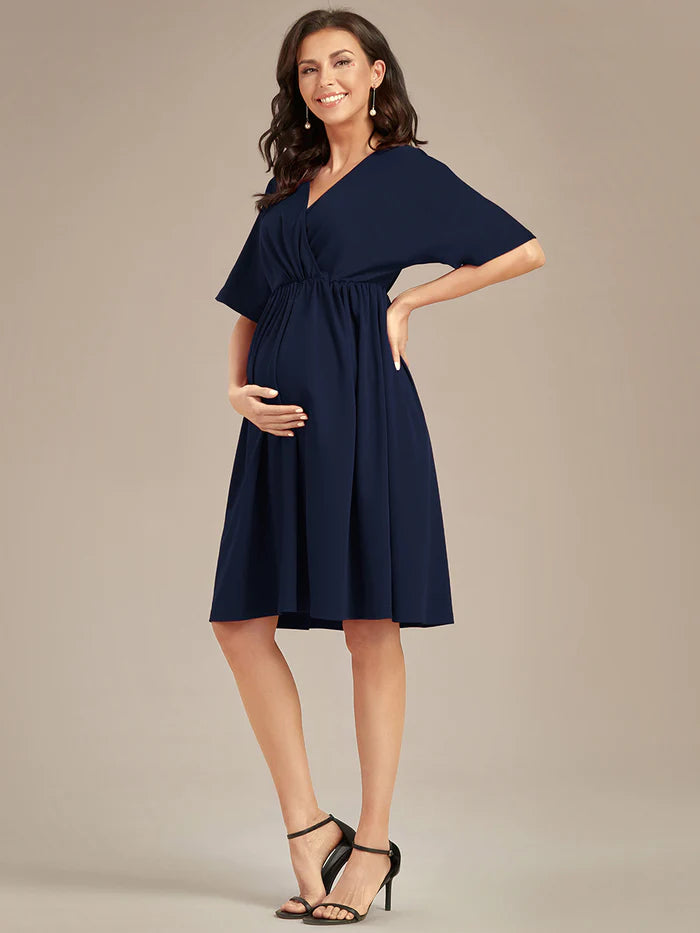 V Neck Short Pleated Maternity Dresses - CALABRO®