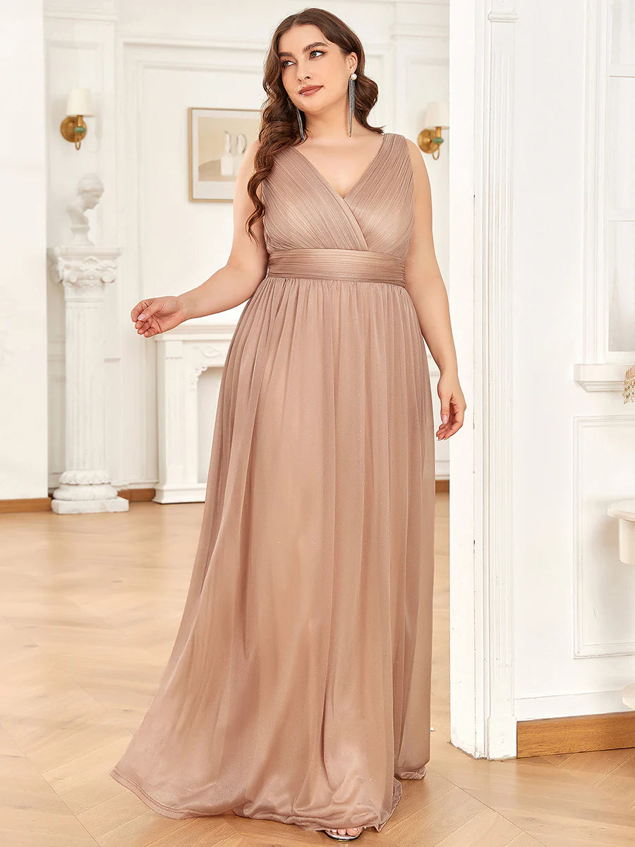 Double V Neck Maxi Long Plus Size Evening Dresses