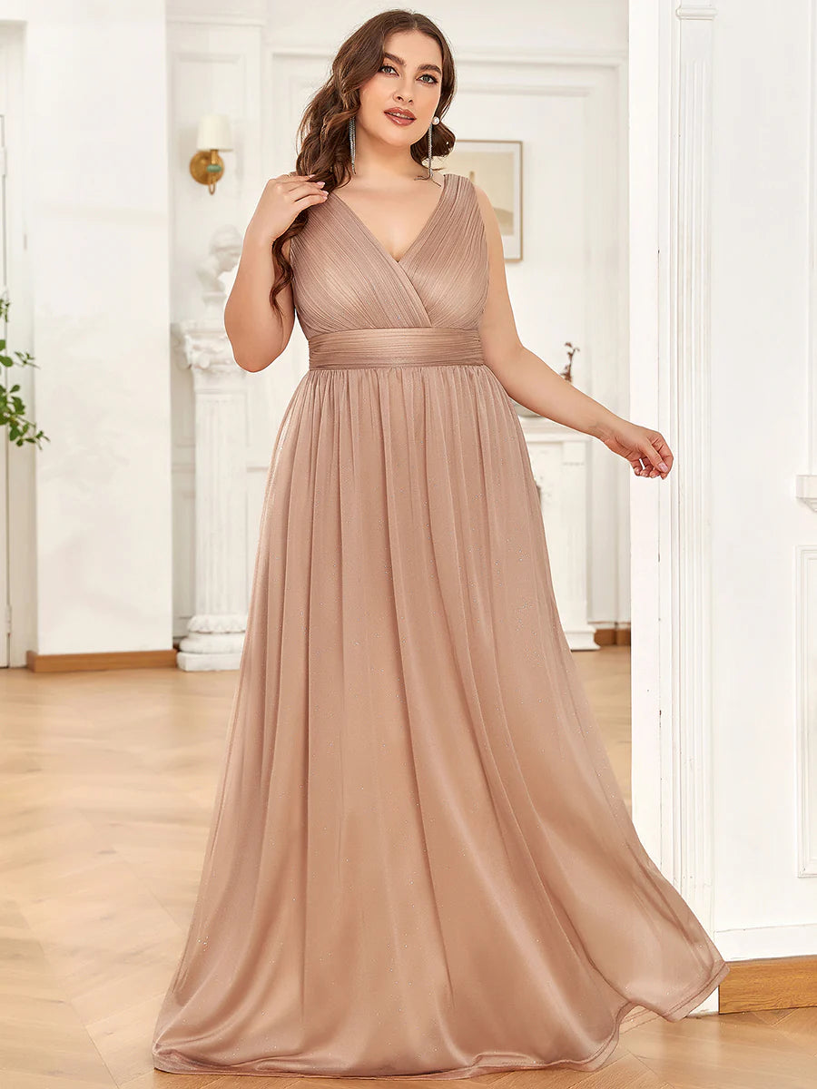 Double V Neck Maxi Long Plus Size Evening Dresses