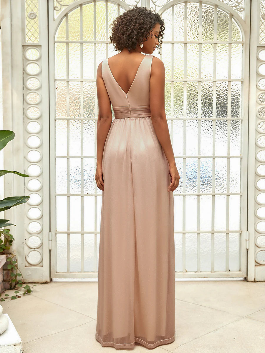 Sparkly V-Neck Ruched Evening Dress - CALABRO®