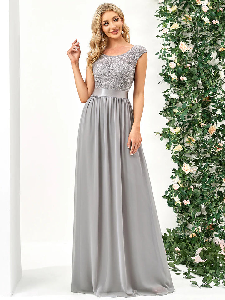 Scoop Neck Lace Top Grey Evening Dress