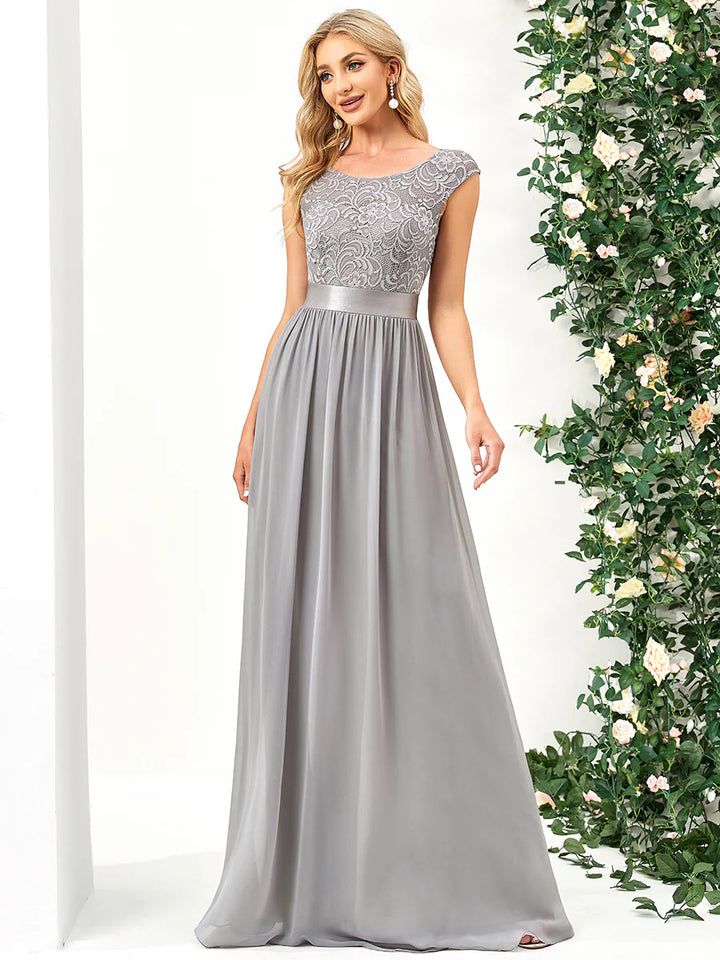 Scoop Neck Lace Top Grey Evening Dress