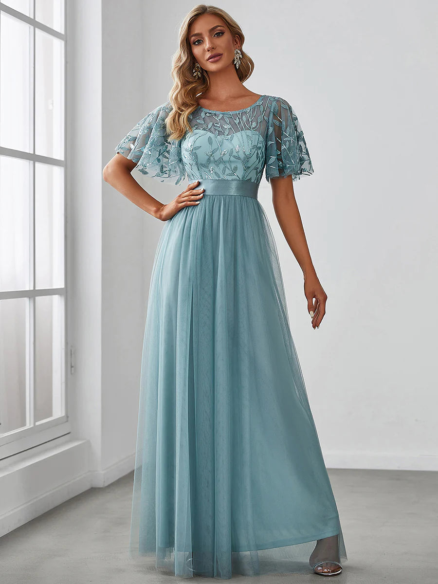 Sequin Print Floor-length Bridesmaid Dress with Cap Sleeve - CALABRO®