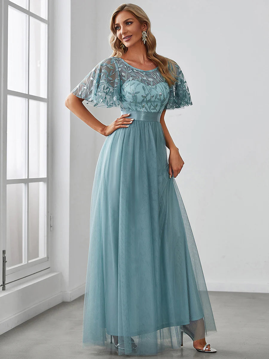 Sequin Print Floor-length Bridesmaid Dress with Cap Sleeve - CALABRO®