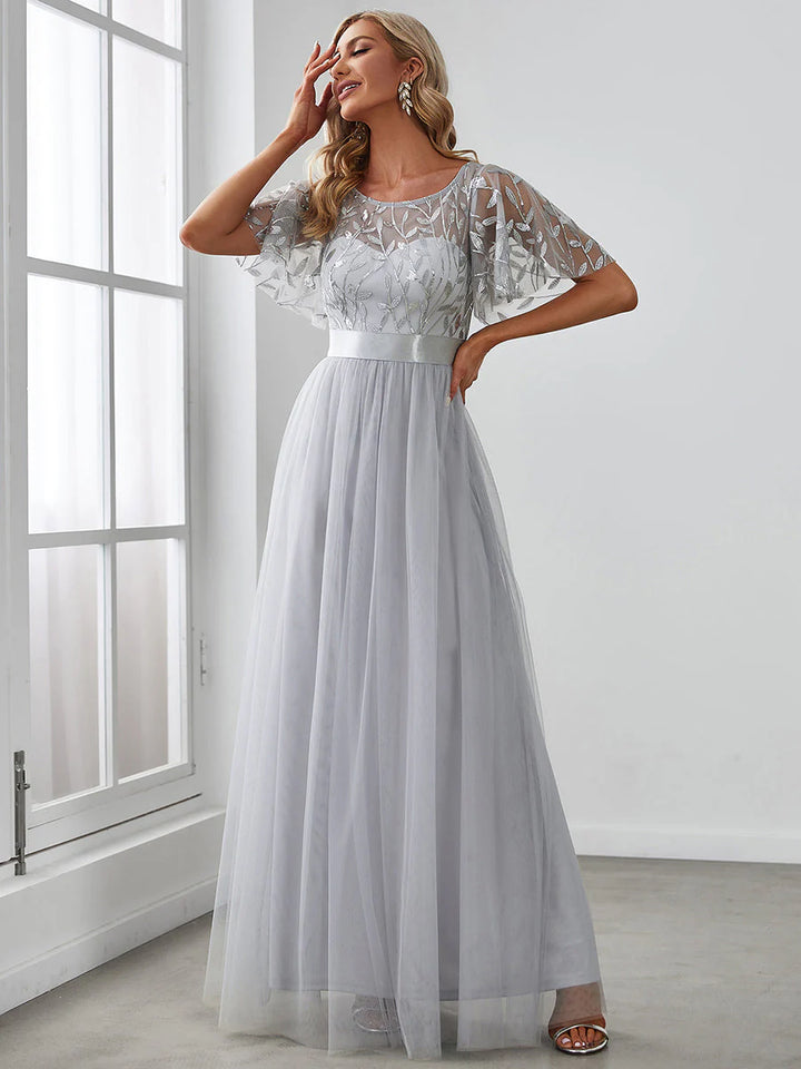 Sequin Print Floor-length Evening Dresses with Cap Sleeve