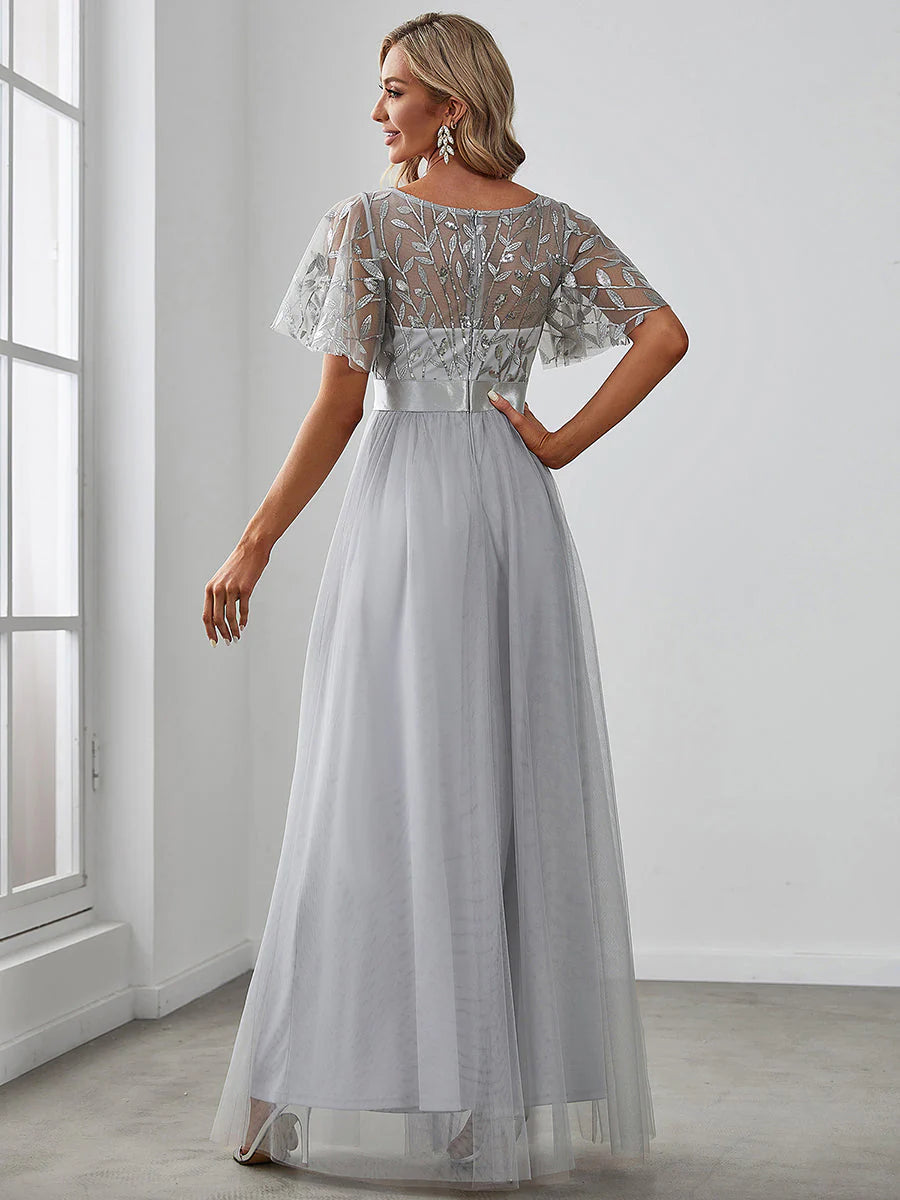 Sequin Print Floor-length Evening Dresses with Cap Sleeve