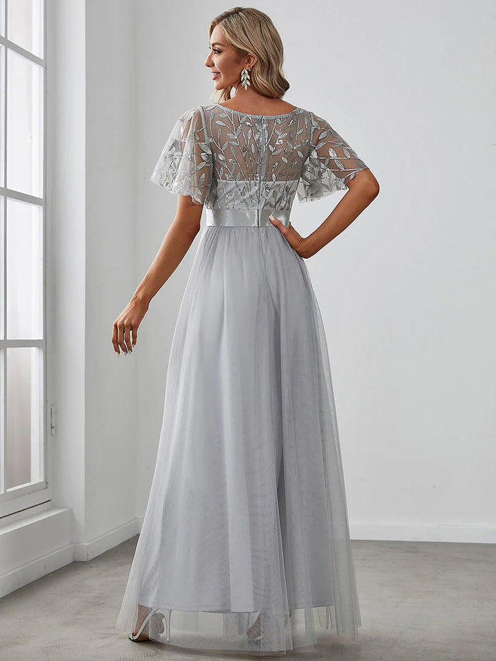 Sequin Print Floor-length Evening Dresses with Cap Sleeve