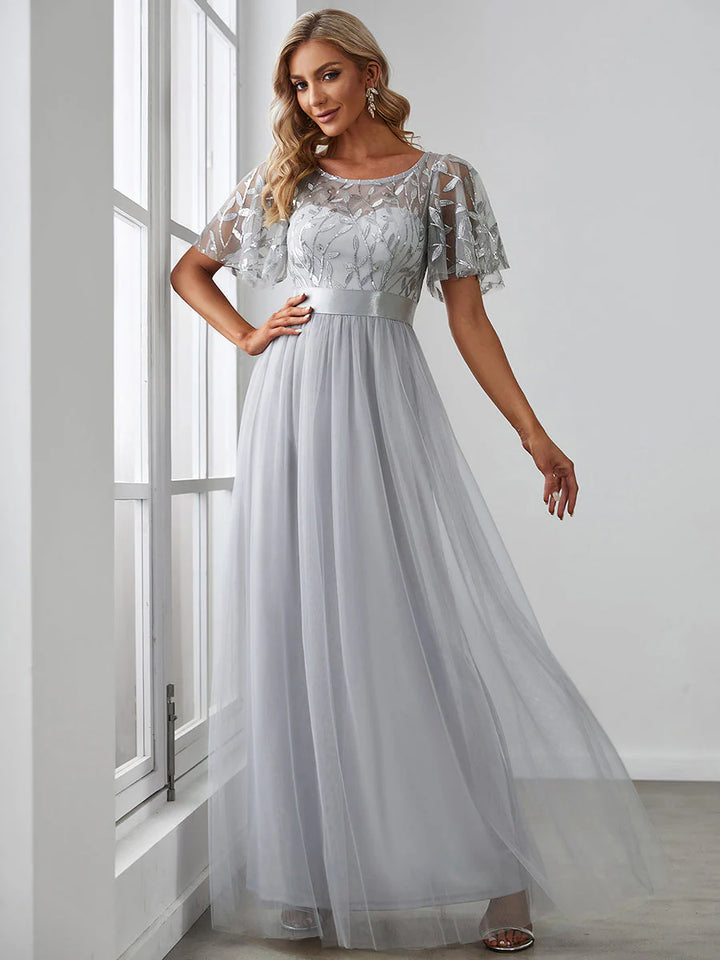 Sequin Print Floor-length Evening Dresses with Cap Sleeve