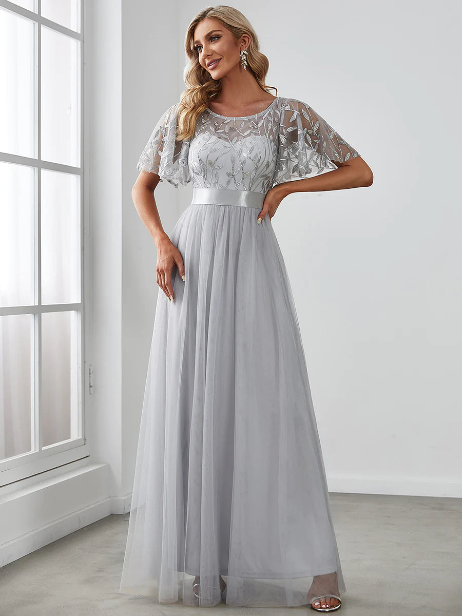 Sequin Print Floor-length Bridesmaid Dress with Cap Sleeve - CALABRO®