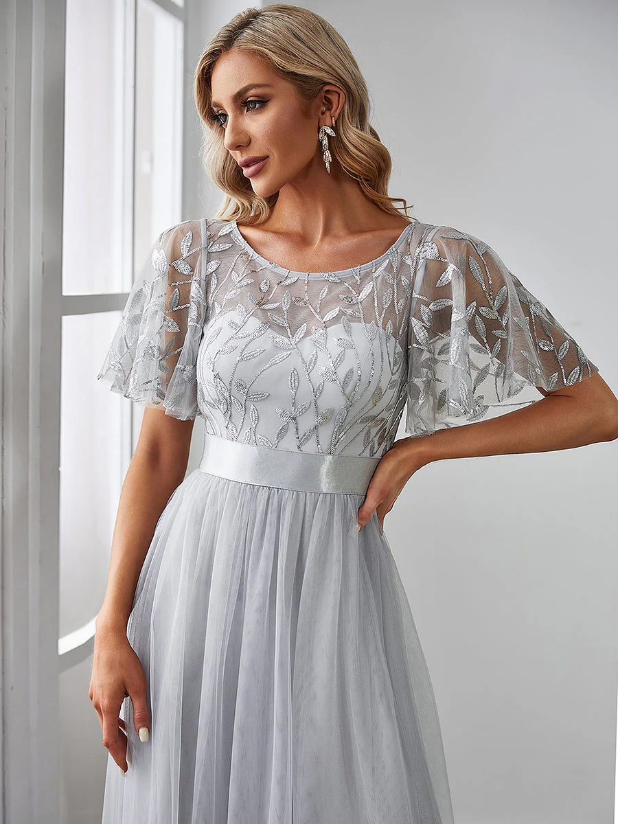 Sequin Print Floor-length Evening Dresses with Cap Sleeve
