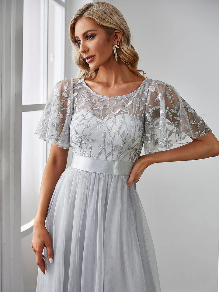 Sequin Print Floor-length Evening Dresses with Cap Sleeve