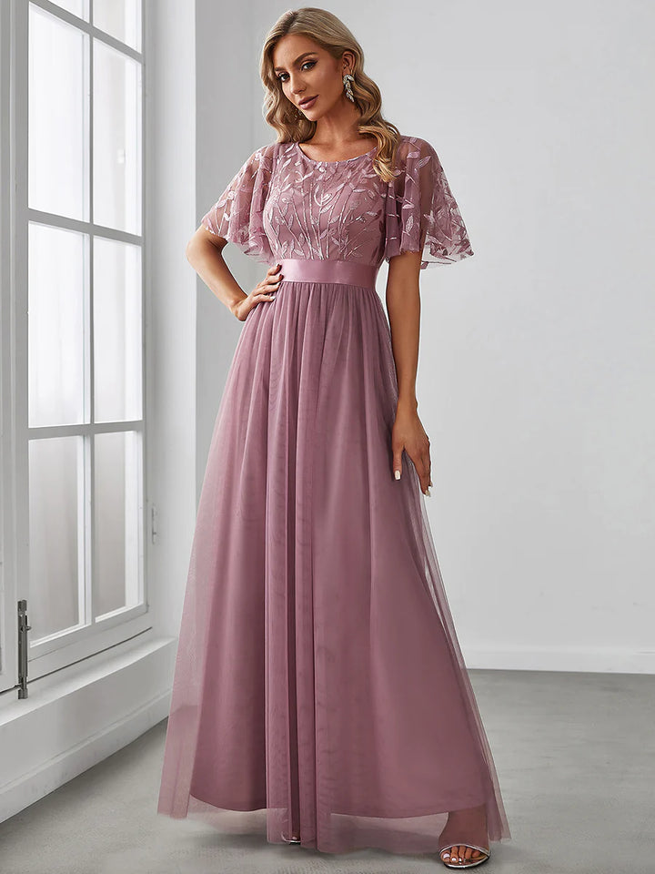 Sequin Print Floor-length Bridesmaid Dress with Cap Sleeve - CALABRO®